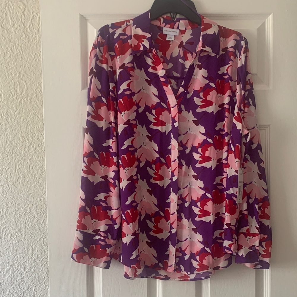 Liz Claiborne Purple Floral Button-Up Blouse with Pink & Red Accents